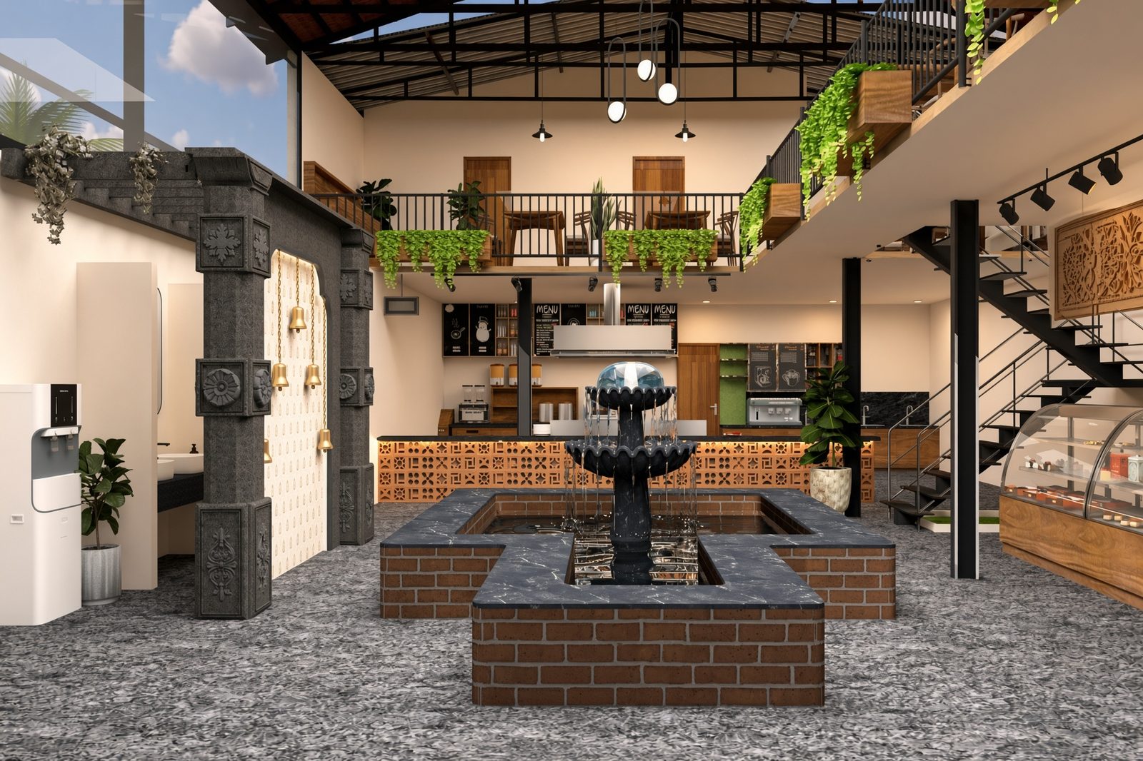 Central atrium fountain inside Melukote Cafe