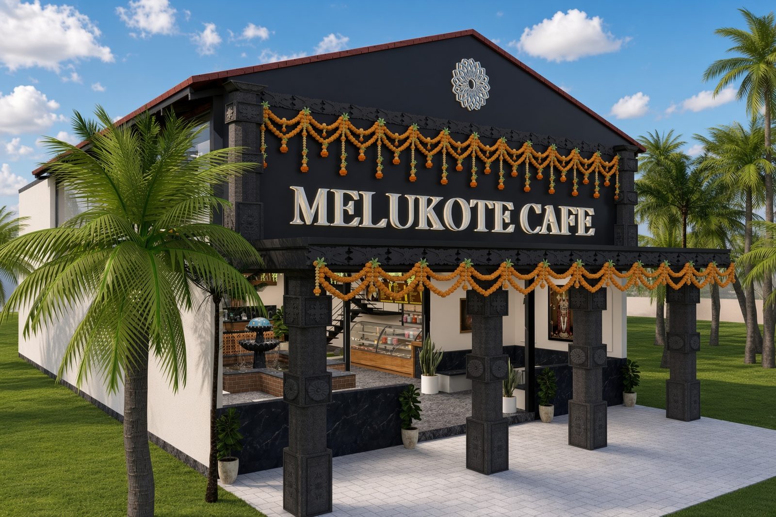 Melukote Cafe exterior colonnade