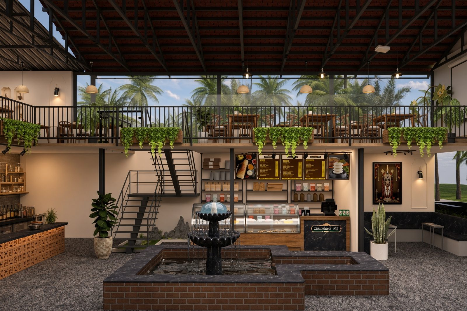 Ground floor with fountain, staircase and service areas